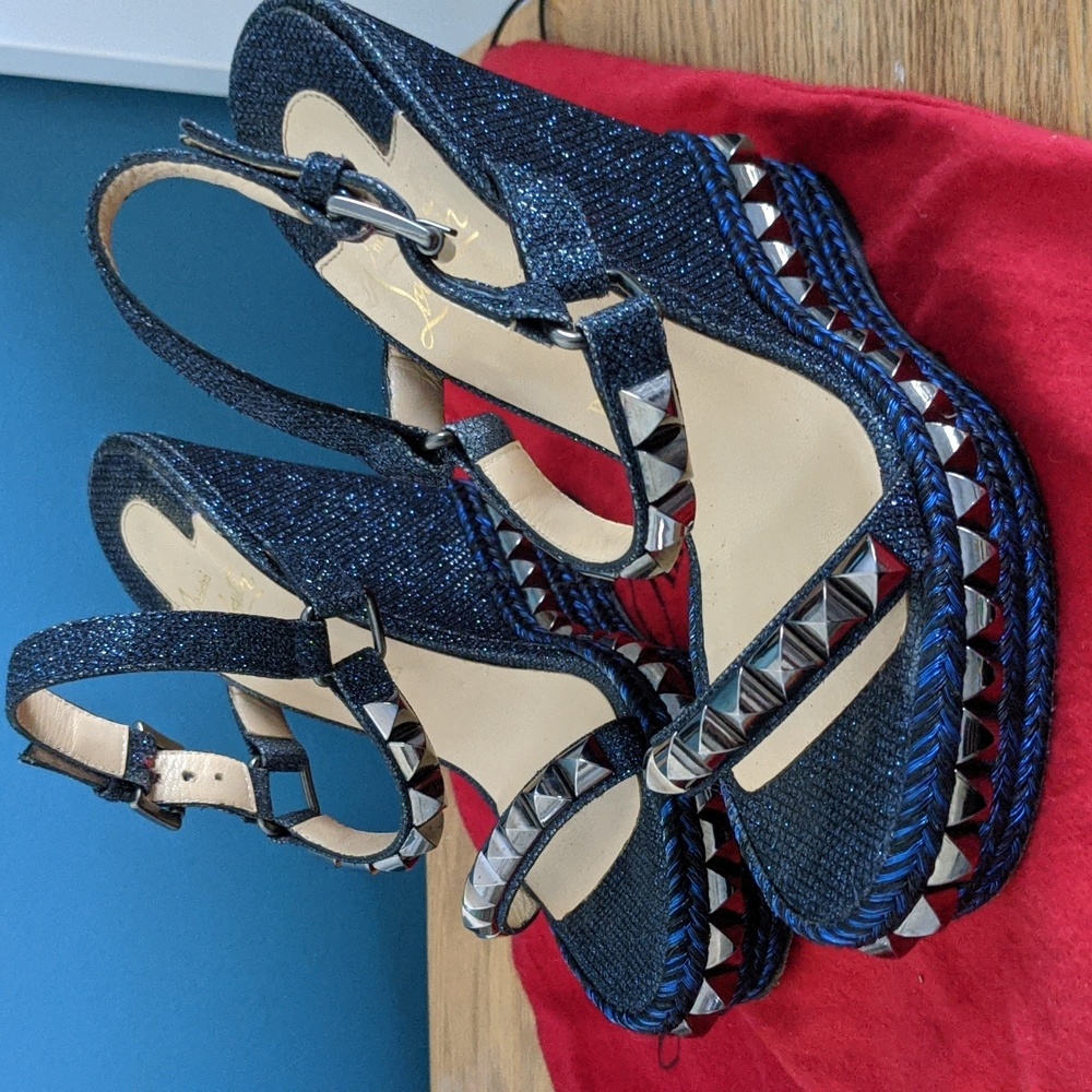 Christian Louboutin Cataclou Studded Blue Espadrille Wedges Size 36